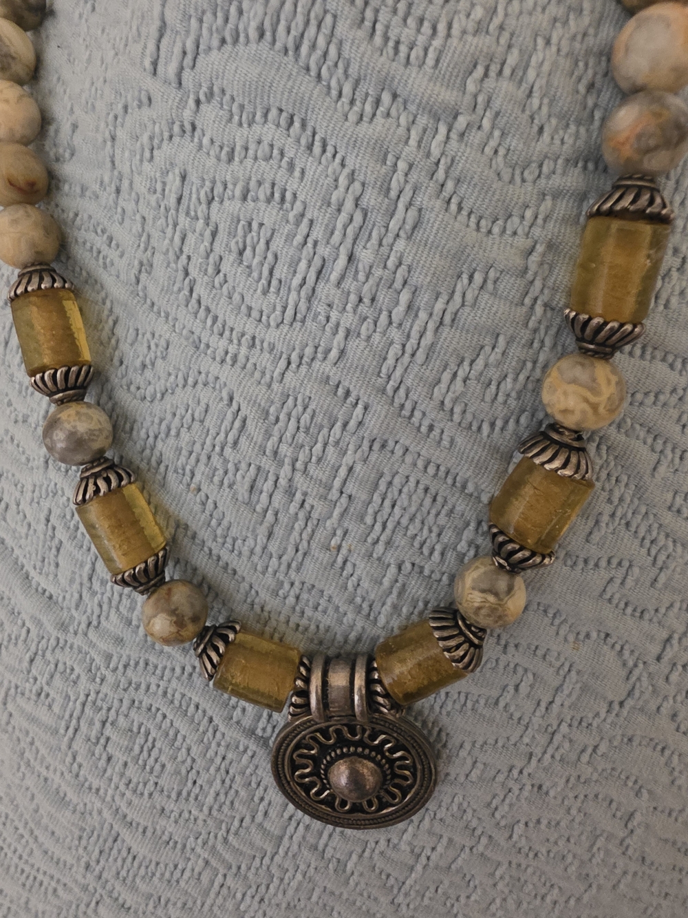 Green Beaded Necklace with Silver-Tone Pendant